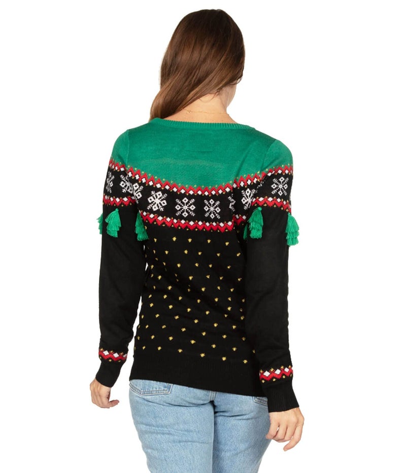 تيبسي إيلف سترة عيد الميلاد القبيحة للسيدات من Tipsy Elves بشرابة شجرة عيد الميلاد باللونين الأسود والأخضر مقاس X صغير - Image 2